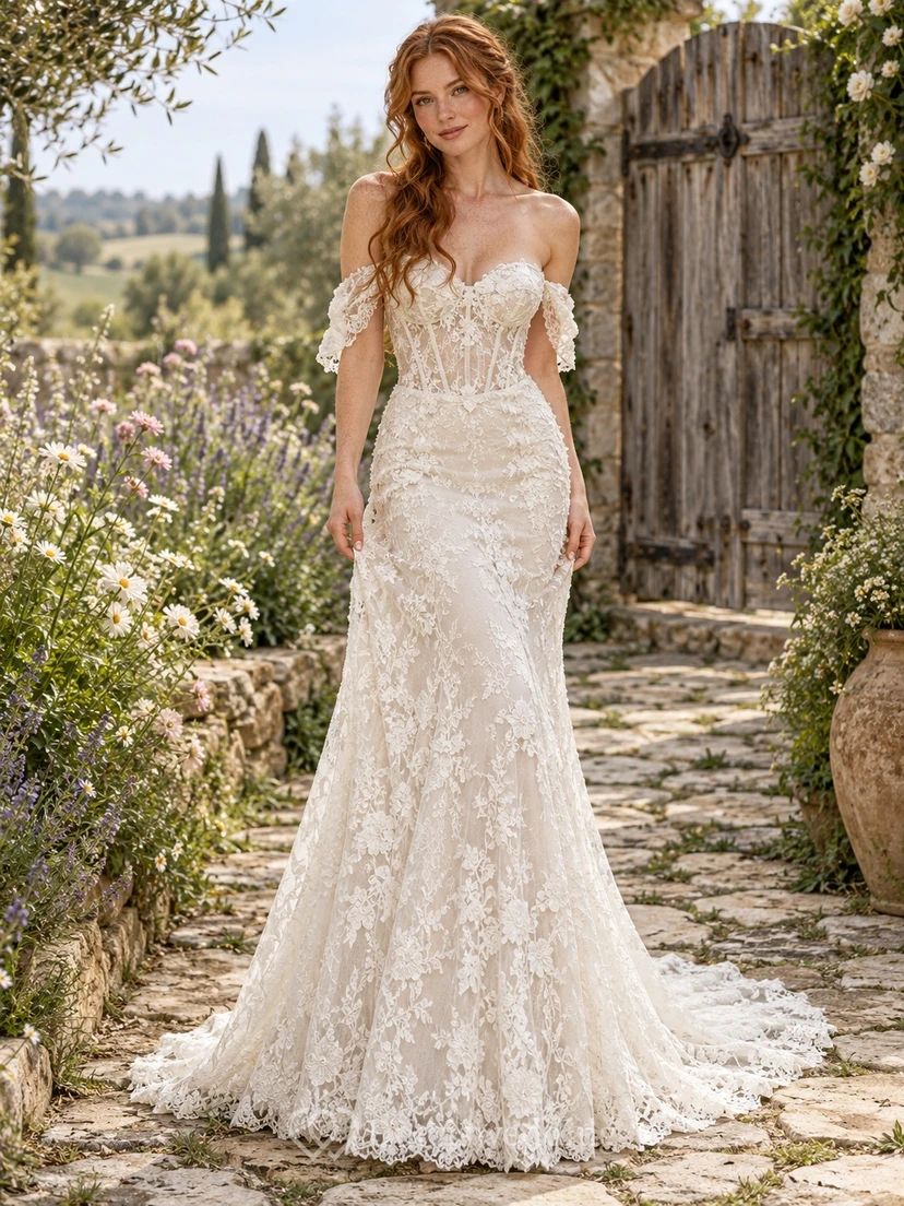 Boho Mermaid Off Shoulder Sweetheart Floral Lace Wedding Dress