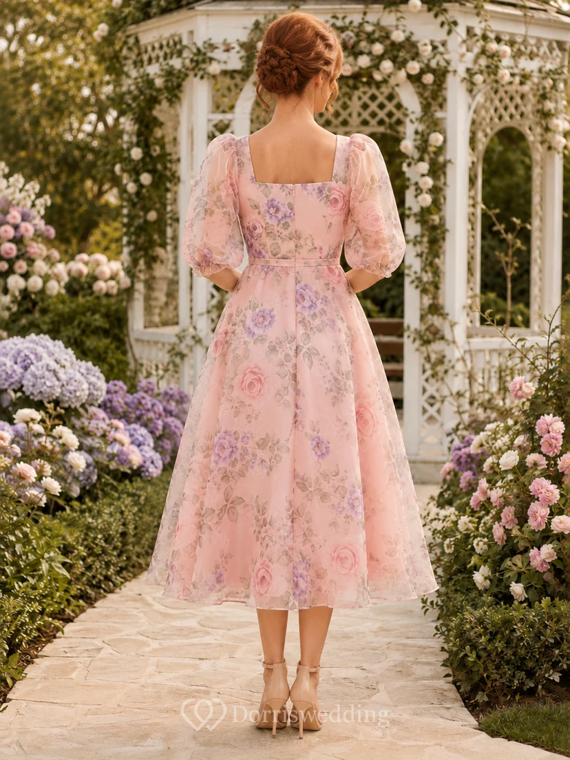 Rosafarbenes Chiffon-Midikleid mit Puffärmeln und Blumenmuster, ideal als Hochzeitsgastkleid view 2