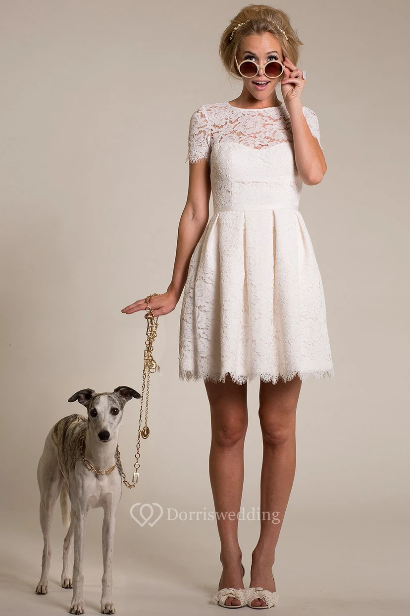 Sheath Short Short-Sleeve High Neck Lace Wedding Dress With Illusion