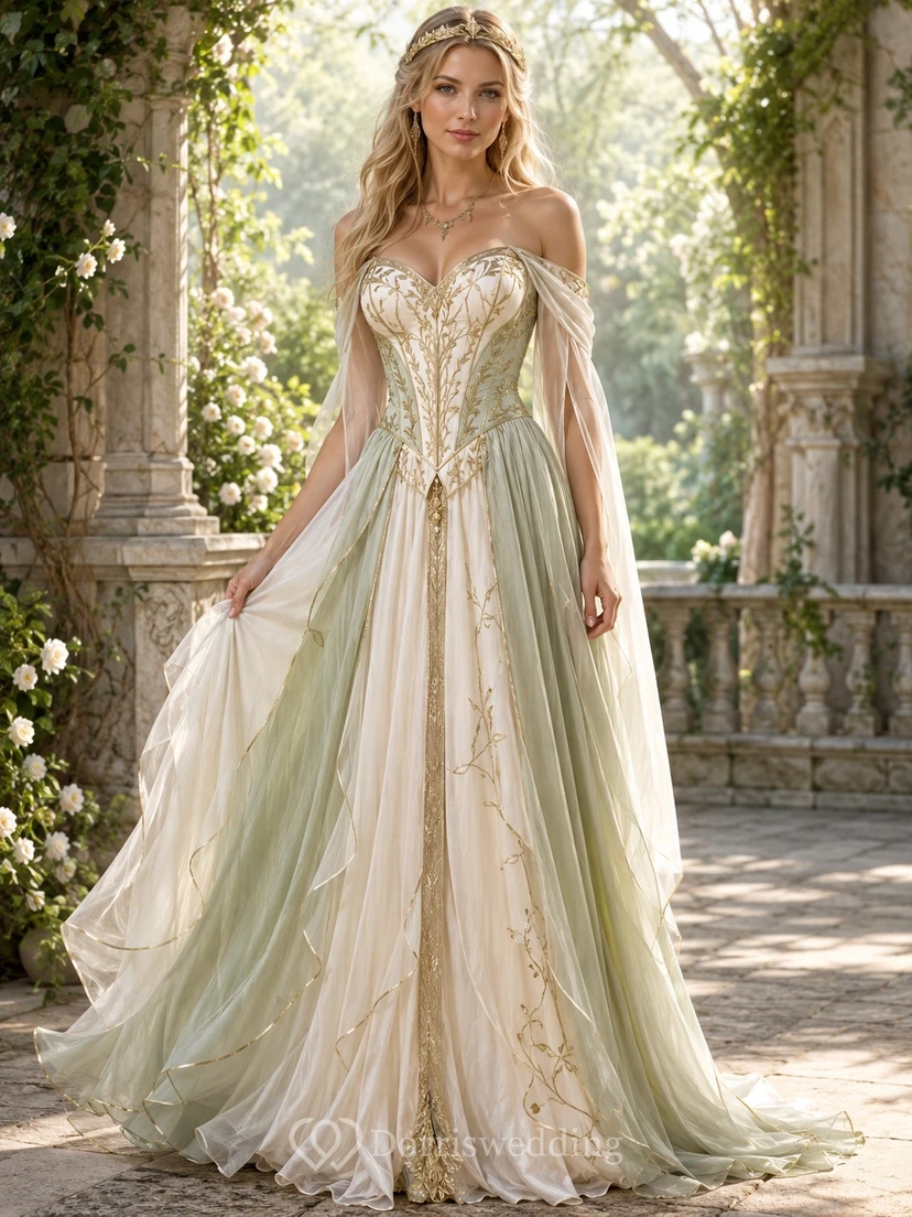 Sage Ombre Corset Off Shoulder Lace Applique A-Line Sweep Train Fantasy Gown