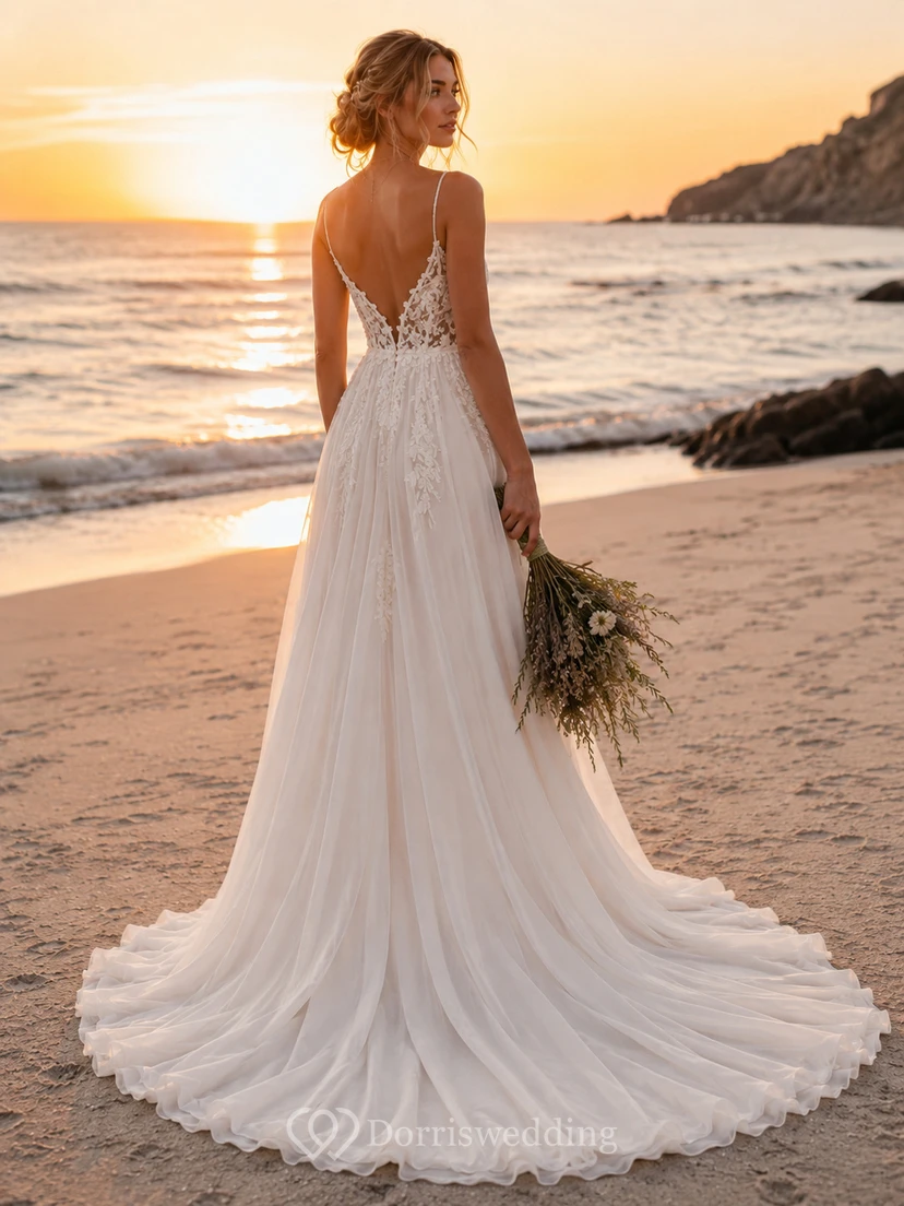Boho Beach Wedding Dress with Spaghetti Straps, Floral Lace Bodice, High Slit & Flowing Chiffon Train view 2