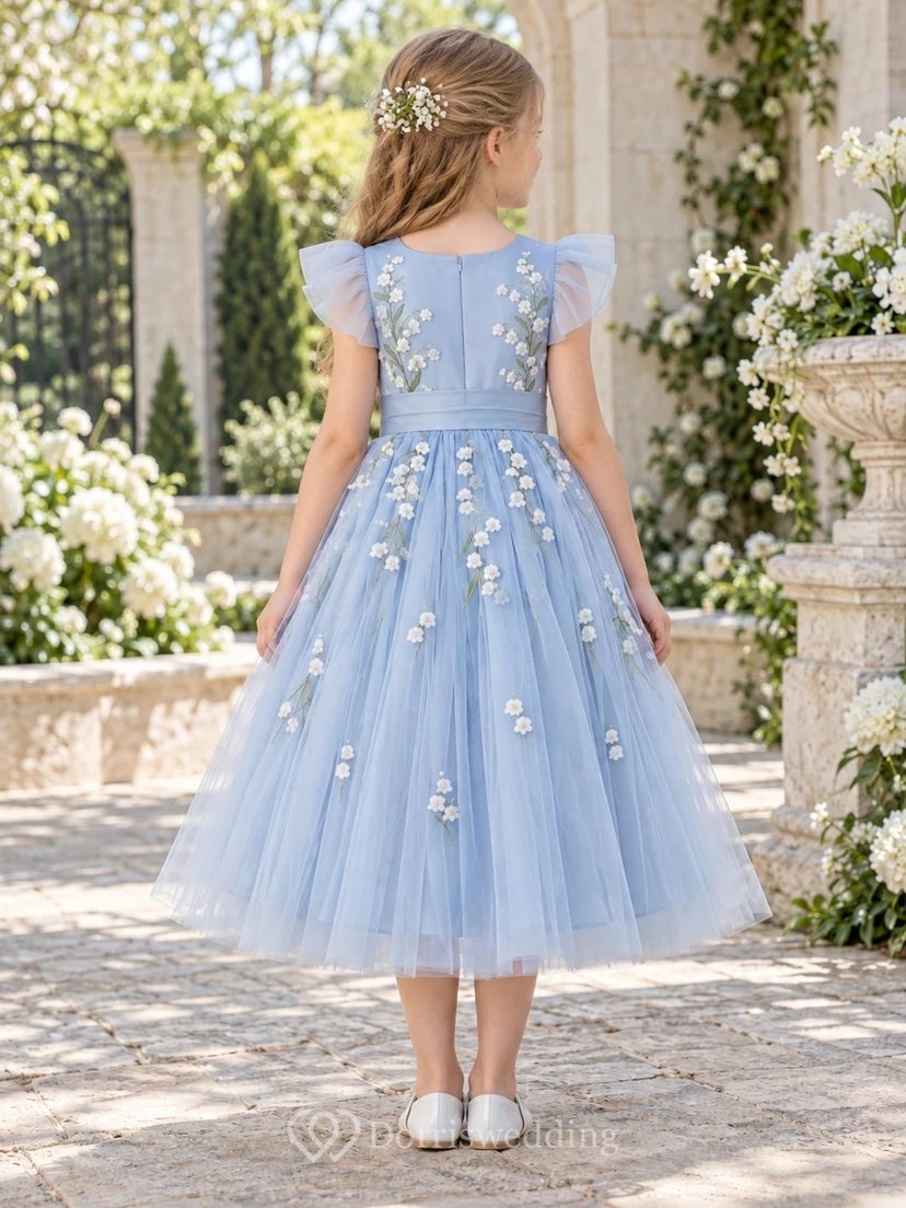 Tea-length Steel Blue Flutter Sleeve Floral Trail Tulle A-line Flower Girl Dress view 2