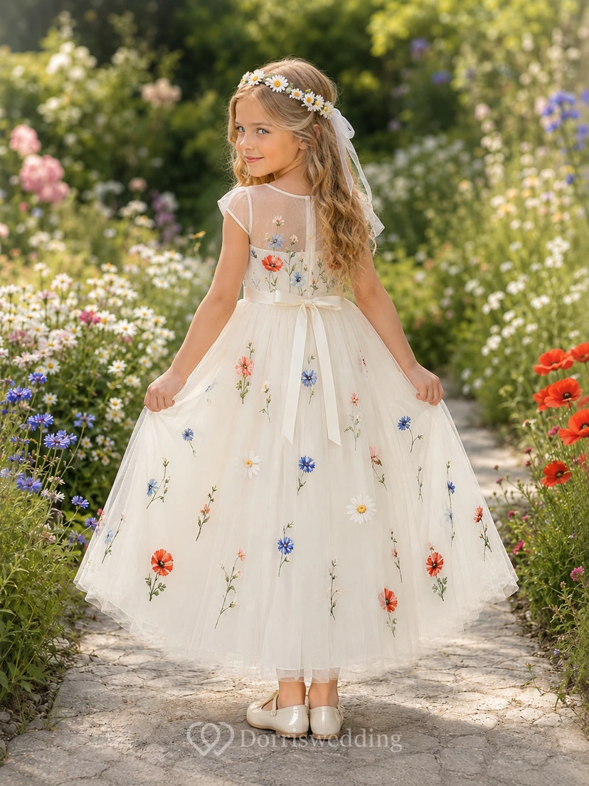 Elegantes, blumenbesticktes Tüllkleid mit kurzen Ärmeln, Teelänge, für Blumenmädchen und Gartenpartys view 2