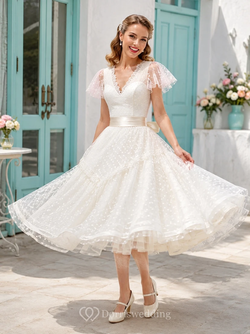 Vintage Teelänge Brautkleid mit V-Ausschnitt, mehrlagigen Volantärmeln, Spitze, Schleife und gepunktetem Tüll im Rockabilly-A-Linien-Stil