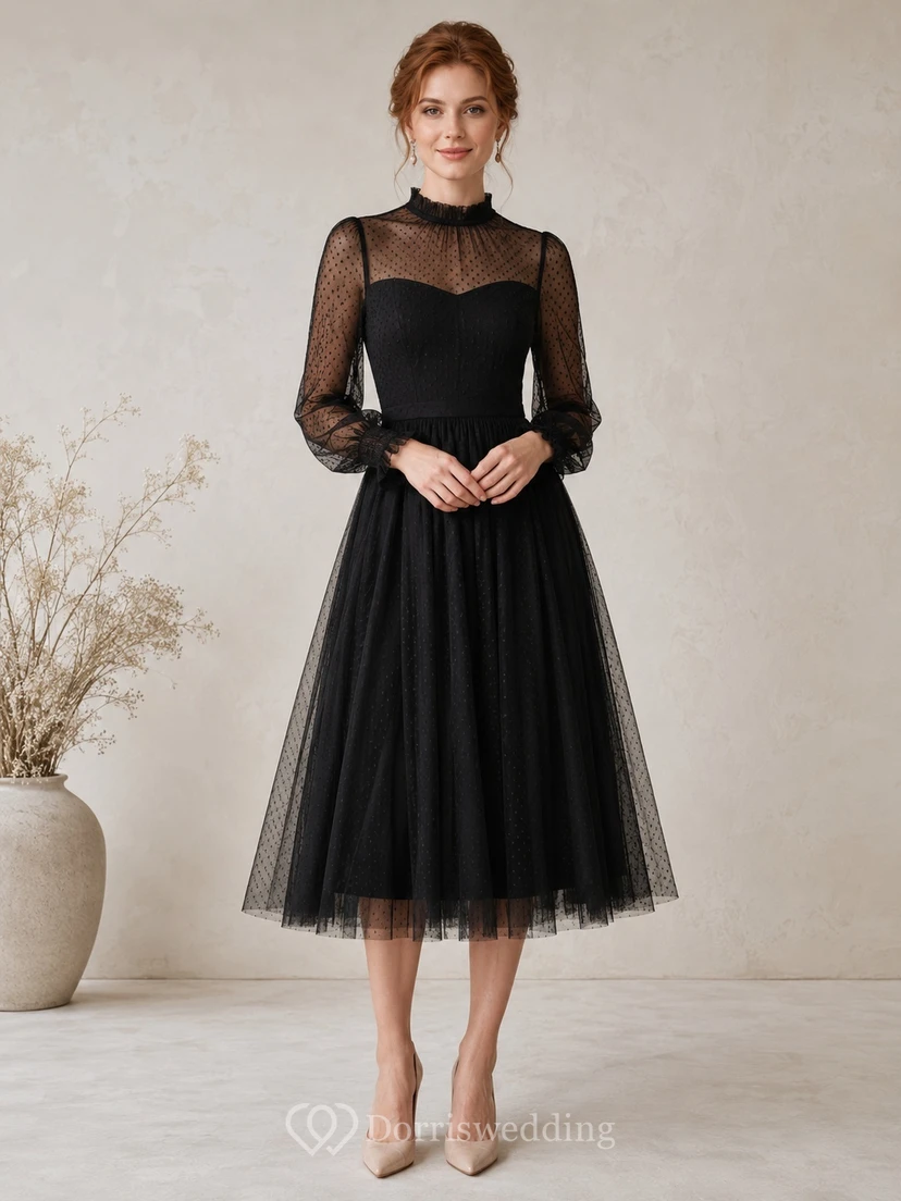 Black Modest Long Illusion Sleeve High Neck Tulle Tea-Length A-Line Formal Dress