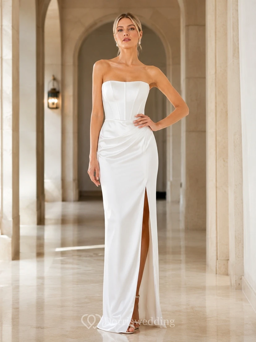 Simple White Sheath Strapless Satin Floor-Length Formal Evening Dress
