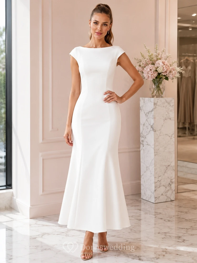 White Guest Mermaid Jersey Bateau Cap Sleeve Ankle-Length Modern Elegant Dress