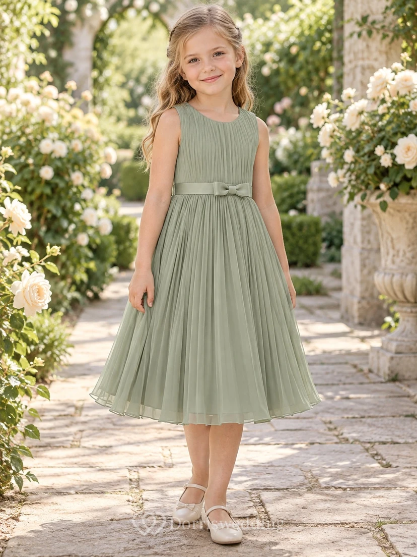 Tea-length Sage Sleeveless Jewel Neck Pleated Bow Chiffon Flower Girl Dress