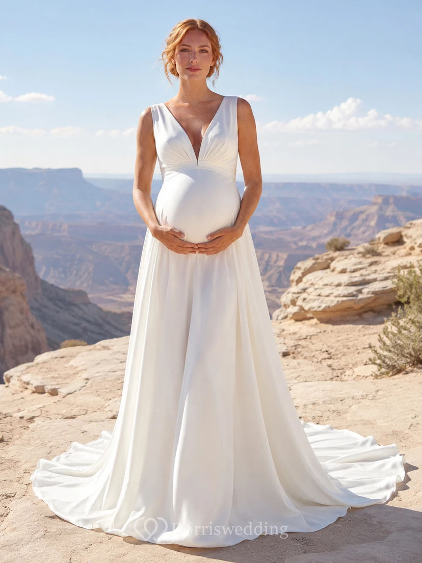 Maternity Wedding Dress V-Neck Sleeveless Satin Destination Bridal Gown with Court Train