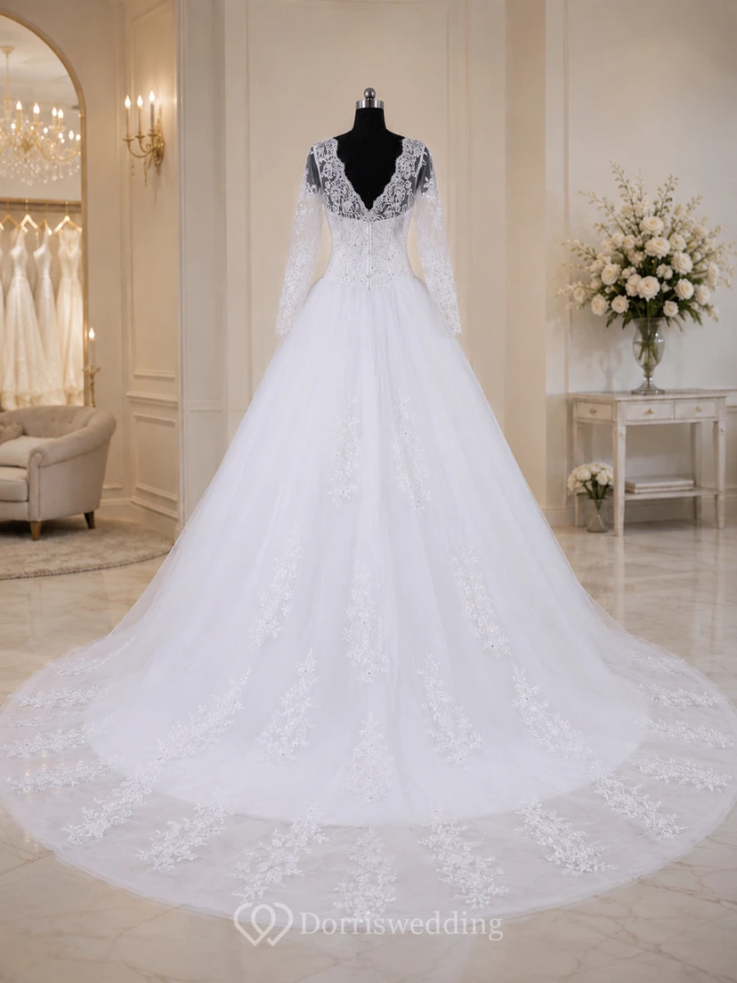 A-Line Ball Gown Long Sleeve Cathedral Train Tulle Lace Satin Dress view 7