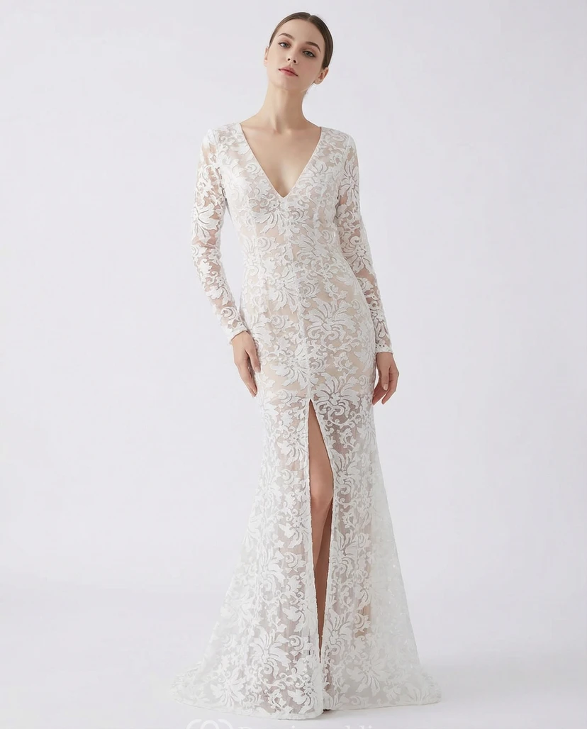 Long Sleeve Deep V-Neck Lace Prom Dress
