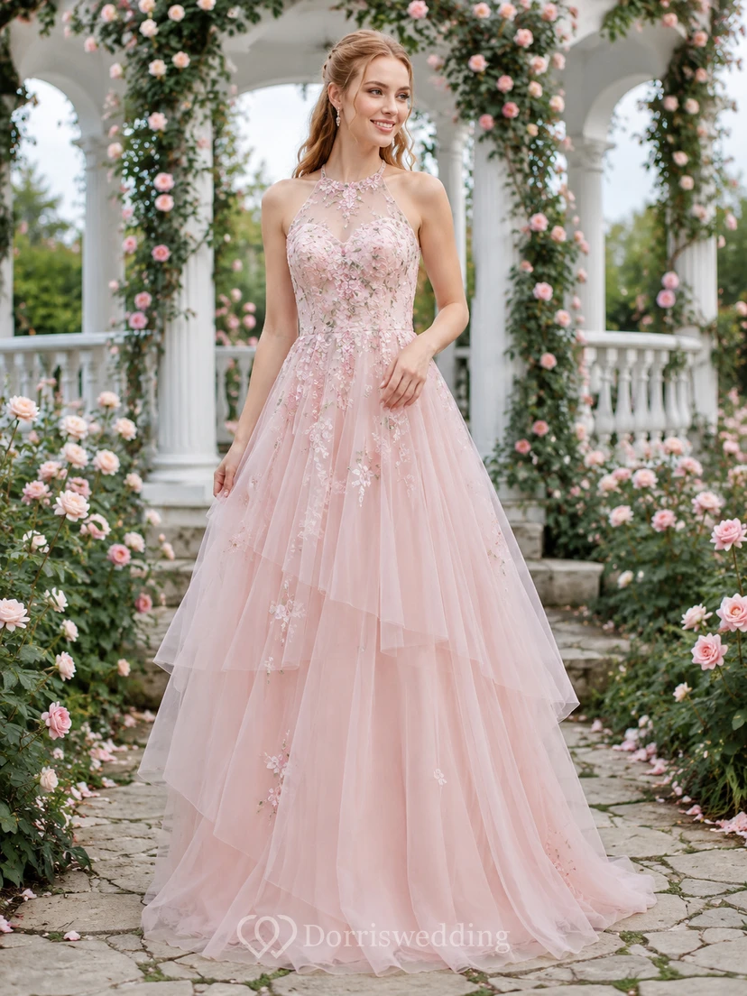 Pink Floral Strapless Tiered Tulle Garden Wedding Gown