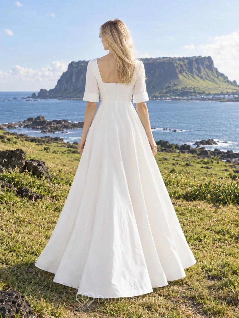 Einfaches Brautkleid mit eckigem Ausschnitt, halben Ärmeln, A-Linie und Knöchellänge view 2