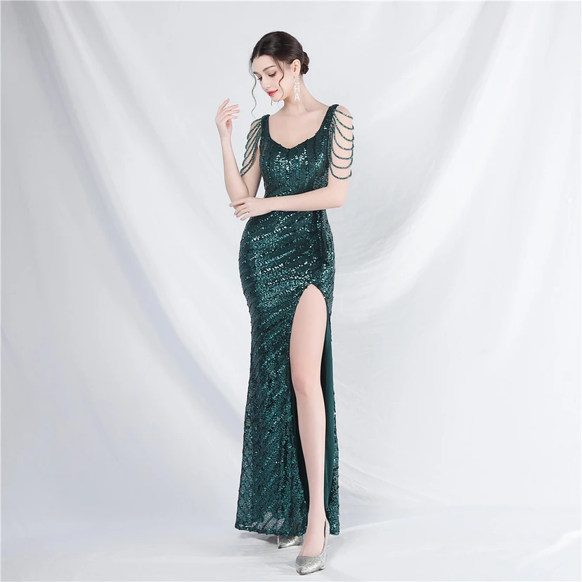 Craft Sequined Velvet Bottom Handmade Beaded Long Elegant Light Luxury Evening Dress view 32