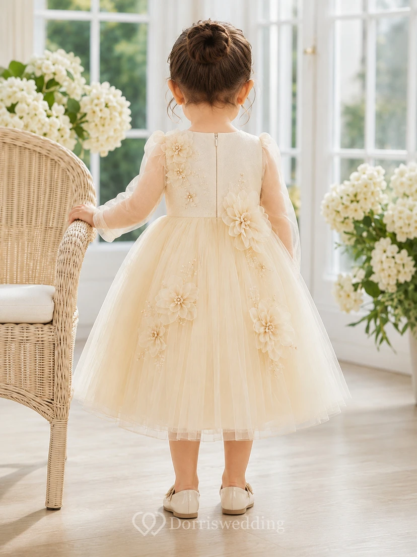 Champagnerfarbenes Taufkleid für Babys, A-Linie, Teelänge, Rundhalsausschnitt, lange Ärmel, Tüllspitze, 3D-Blumenapplikationen, Knopfleiste am Rücken view 2