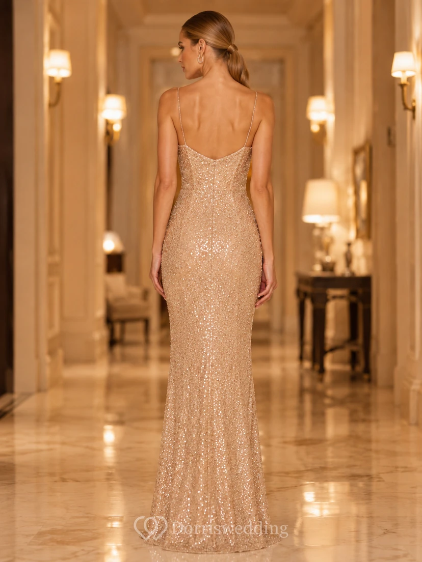 Heavy Sequin Strapless Champagne Sheath Floor-length Sleeveless Sequins Luxury Sexy Prom Evening Formal Celebrity Dress view 2