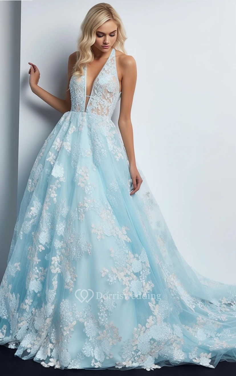 Plunged Sleeveless Sky Blue Lace Applique A-line Ball Gown Prom Dress