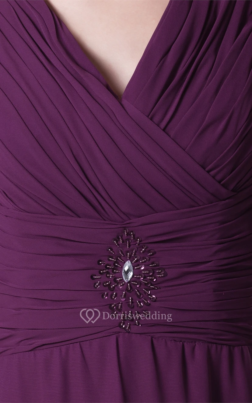 Plunged Chiffon Floor-Length Criss-Cross Bolero and Dress With Broach view 5