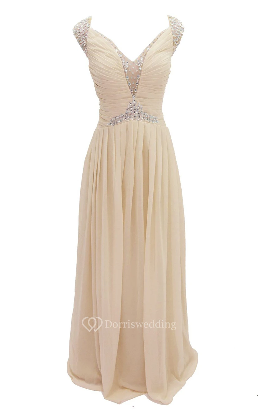 Cap-sleeve V-neck Chiffon A-line Gown With Crystal Detail view 12