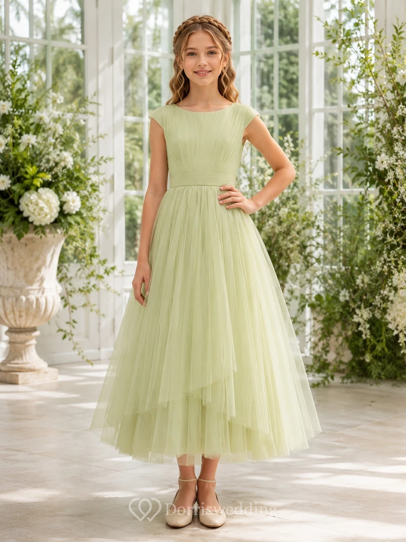 Zitronengrasfarbenes Brautjungfernkleid, A-Linie, Teelänge, Rundhalsausschnitt, ärmellos, Tüll, gestuft, romantisch, formell