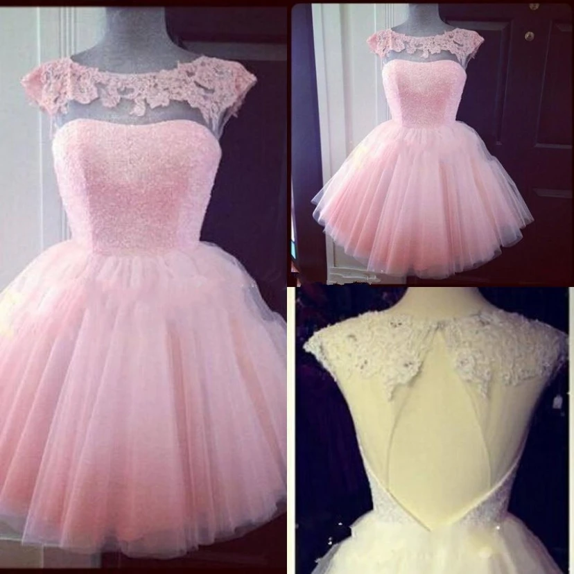 Lindo vestido rosa de manga corta con apliques para fiesta de bienvenida, minivestido de tul view 2