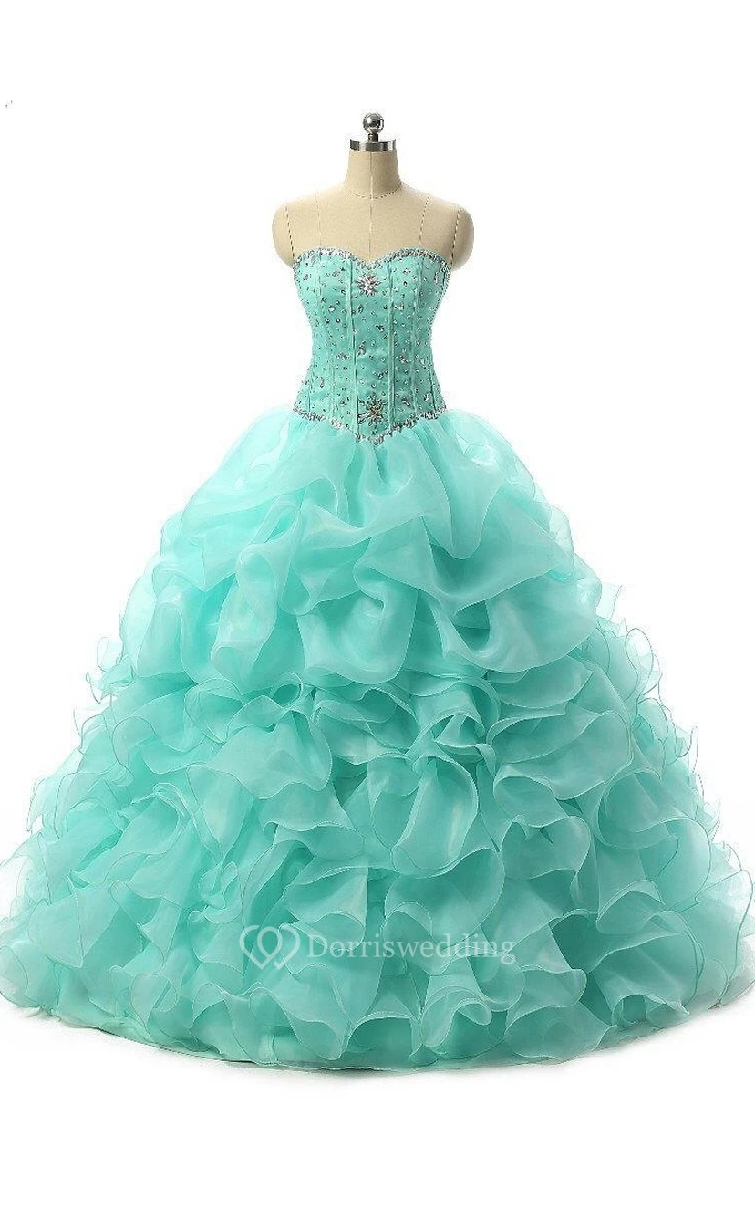 Vestido de gala largo hasta el suelo, escote corazón, sin mangas, volantes, lentejuelas y organza view 11