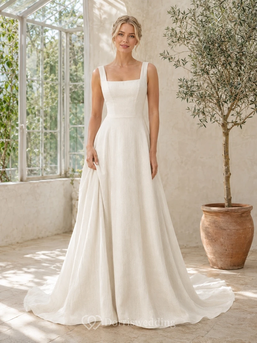 Vestido de novia de corte A con cola para ceremonia nupcial cuadrada