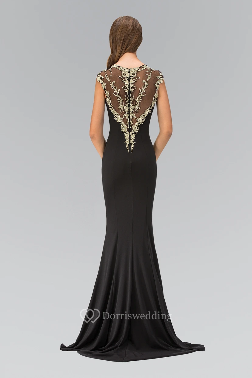 Sheath Long Scoop-Neck Cap-Sleeve Jersey Illusion Dress With Beading view 2