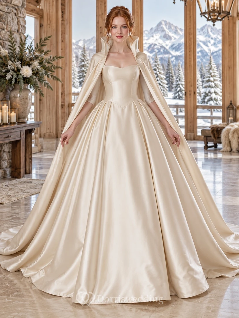 Vestido de novia de gala plisado con cuello alto, estructurado, de color champán, para invierno.