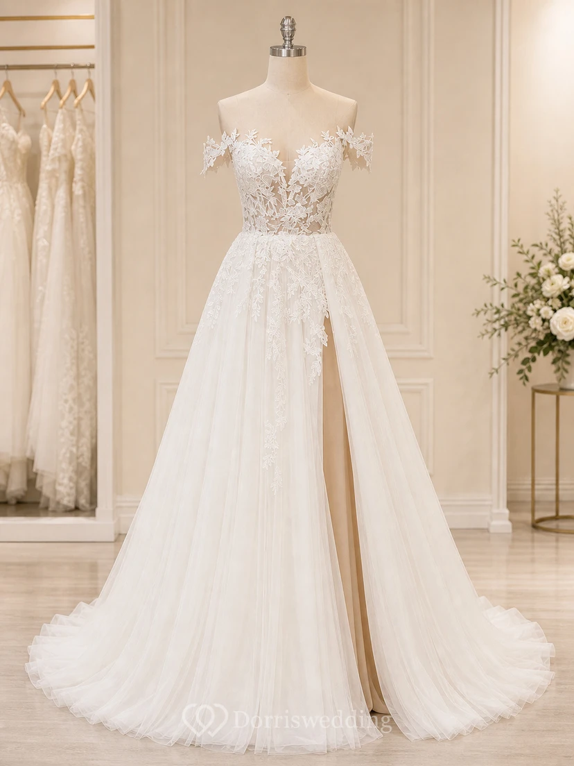 Robe de mariée champêtre en tulle à épaules dénudées et fente haute en dentelle view 9