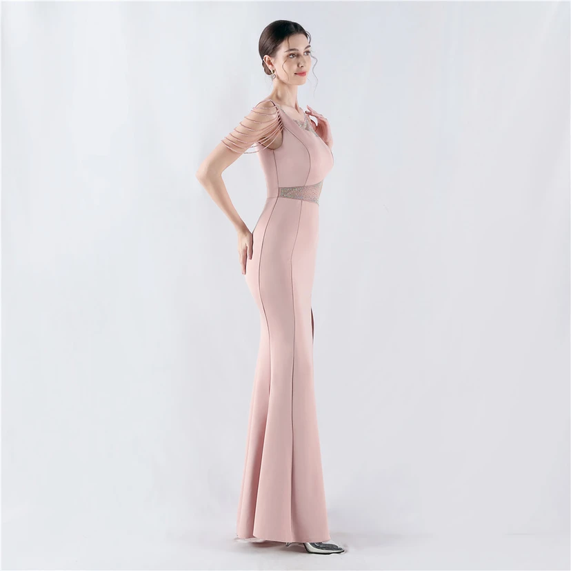 Heavy Hot Diamonds For Transparent Mesh High-Slit Satin Evening Dress Annual Meeting Wedding view 54