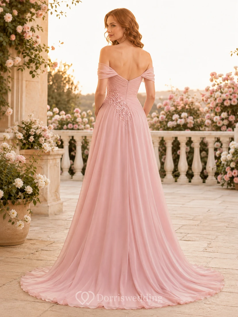 Romantisches Abendkleid aus rosafarbenem Spaghetti-Tüll in A-Linie view 2