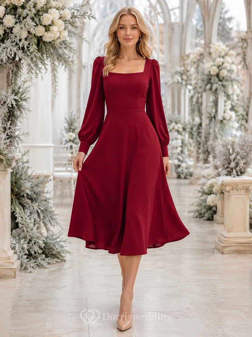 Robe midi en mousseline rouge à col carré et manches poétiques