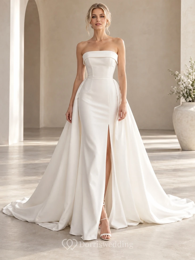 Simple Strapless Satin Split Skirt Court Train Wedding Dress