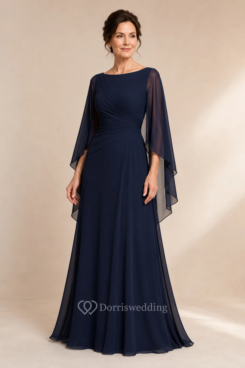 Dunkelblaues Chiffon-Kleid in A-Linie mit U-Boot-Ausschnitt und Cape-Ärmeln