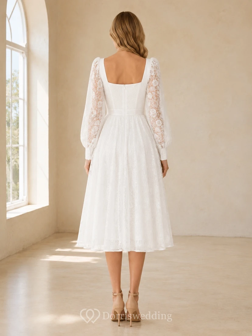 Weißes, romantisches Abendkleid mit eckigem Ausschnitt, langen Ärmeln, Spitze, A-Linie und Teelänge view 2