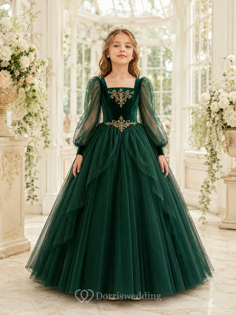 Dark Green Tulle High Neck Long Sleeve Flowergirl Ball Gown