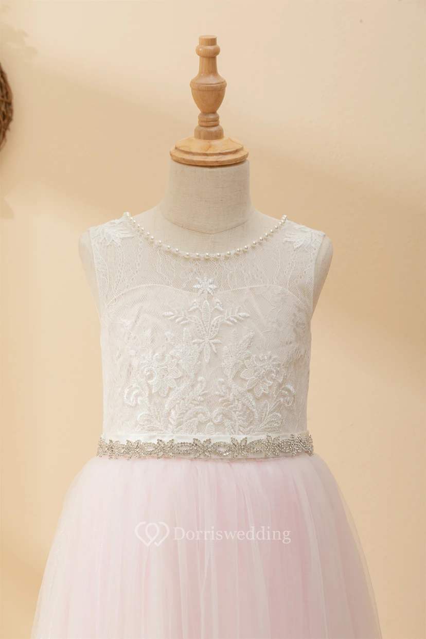 Angel Lace Scoop-neck Sleeveless Tulle Beaded Applique Flowergirl Dress view 7