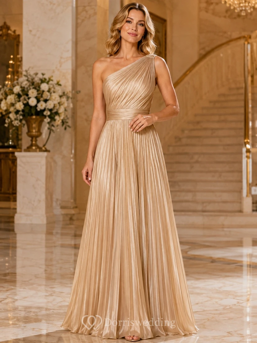 Champagne One Shoulder Pleated Satin A Line Evening Gown