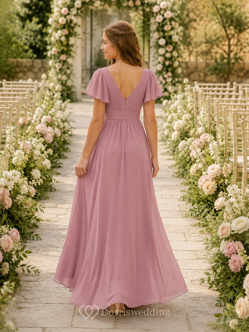Elegantes Brautjungfernkleid in Altrosa, A-Linie, herzförmiger Schnitt, kurze Ärmel, aus Chiffon in Blütenblattform view 2