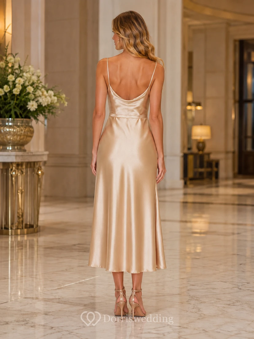 Champagne Cowl Neck Silk Satin Tea-Length Dress view 2