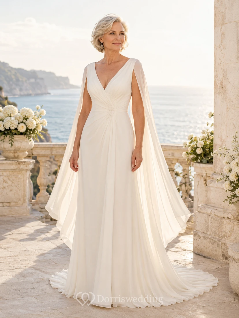 Chiffon-Hochzeitskleid, A-Linie, V-Ausschnitt, ärmellos, Kapellenschleppe, tiefer V-Ausschnitt am Rücken