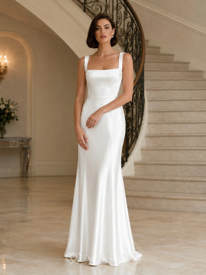 White Satin Square-Neck Sleeveless A-Line Floor-Length Formal Dress