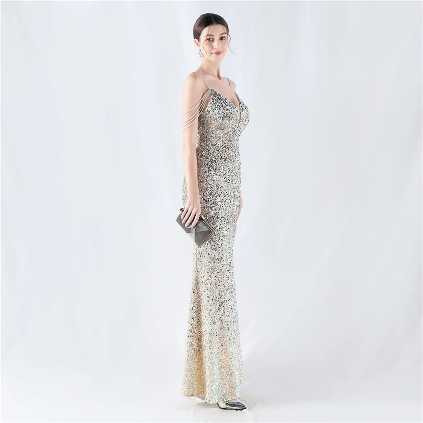 Velvet-Bottom Gradient Sequined Sexy Beaded Suspender Evening Dress view 62