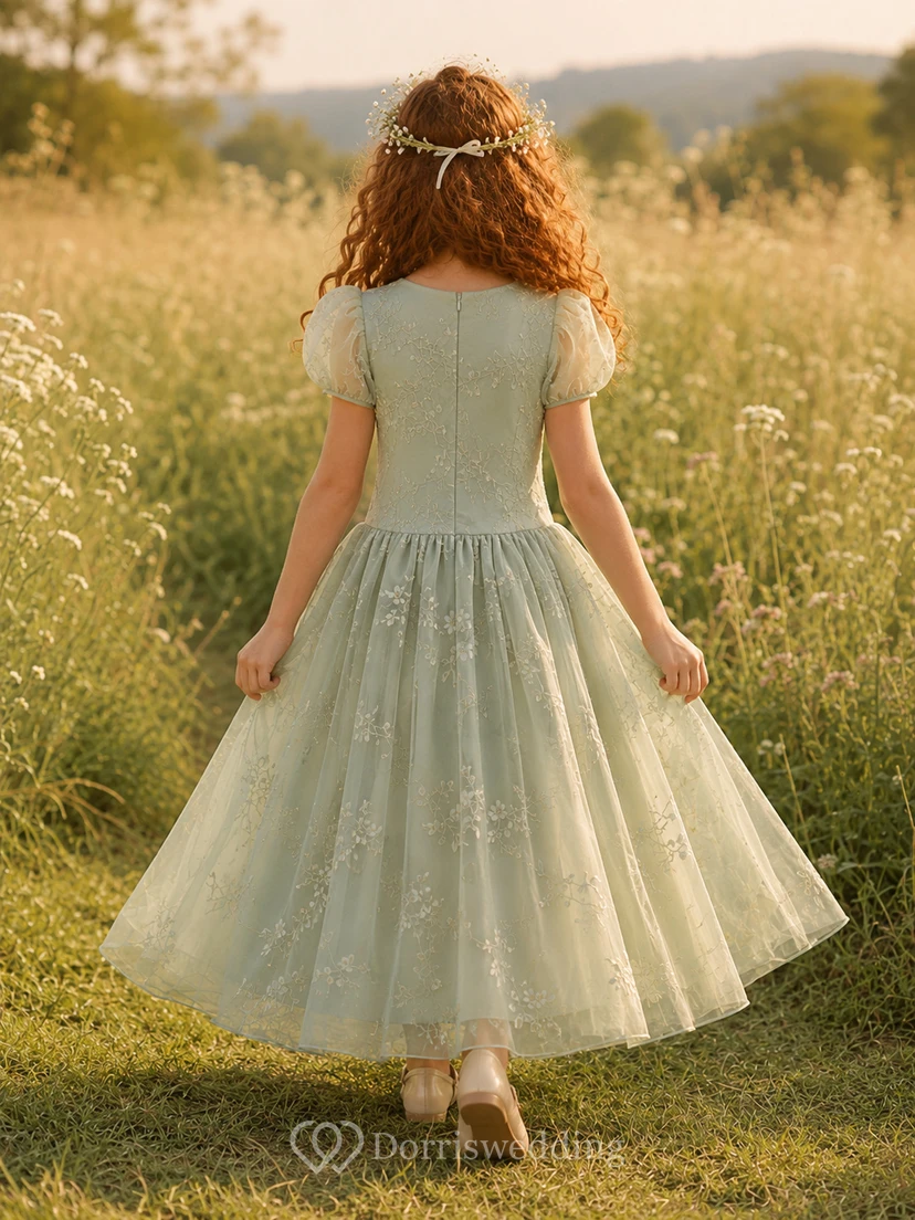 Sage Dropped Waist A-Line Floral Embroidered Tulle Flower Girl Dress, Short Sleeve Puff, Jewel Neck, Tea-Length Country view 2