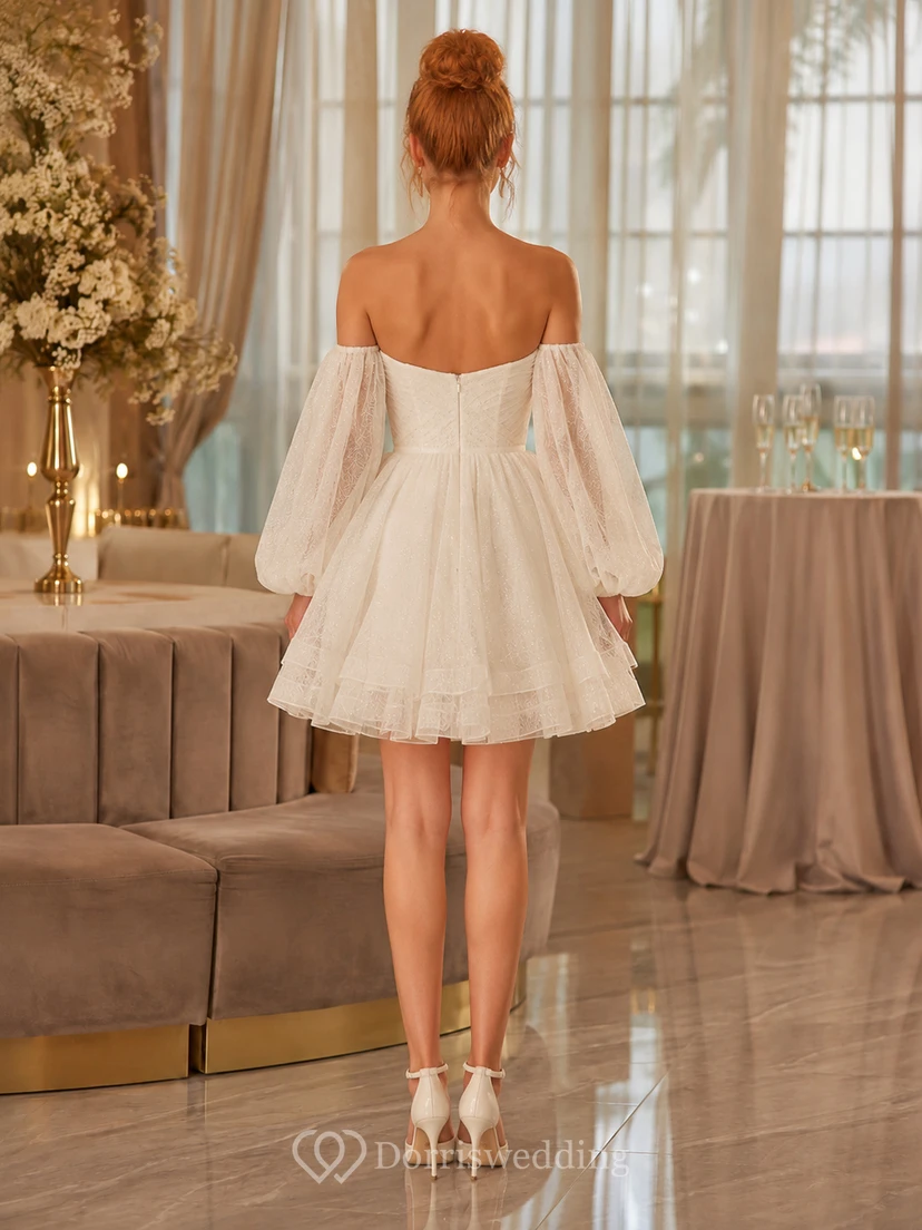 Short Off-Shoulder Balloon Sleeve Tulle Bridal Mini Dress view 2