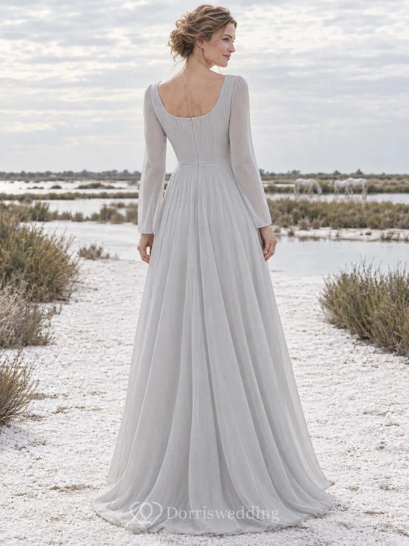 Vestido de novia sencillo gris, corte en A, escote redondo, mangas largas transparentes, largo hasta el suelo. view 2