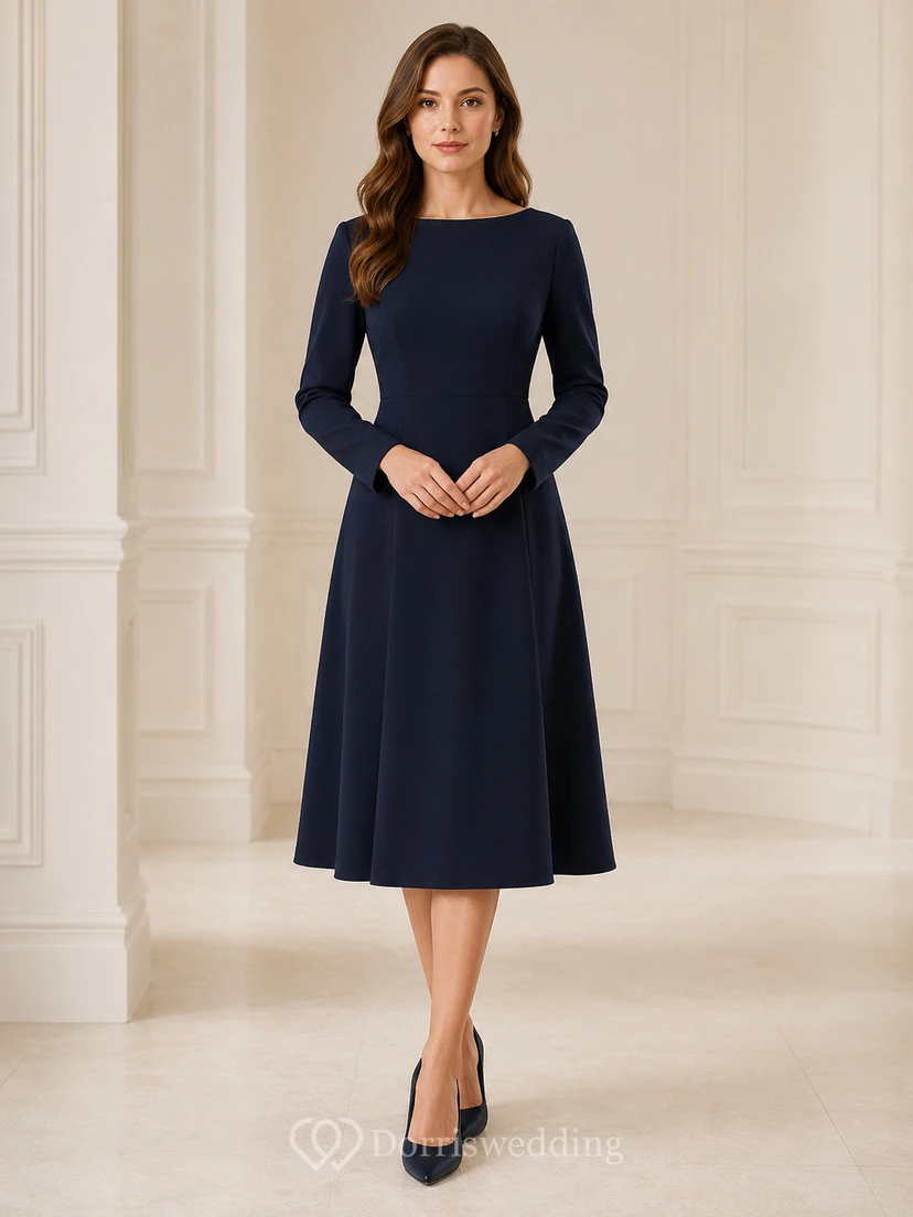 Robe midi commémorative conservatrice à manches longues et col bateau, bleu marine
