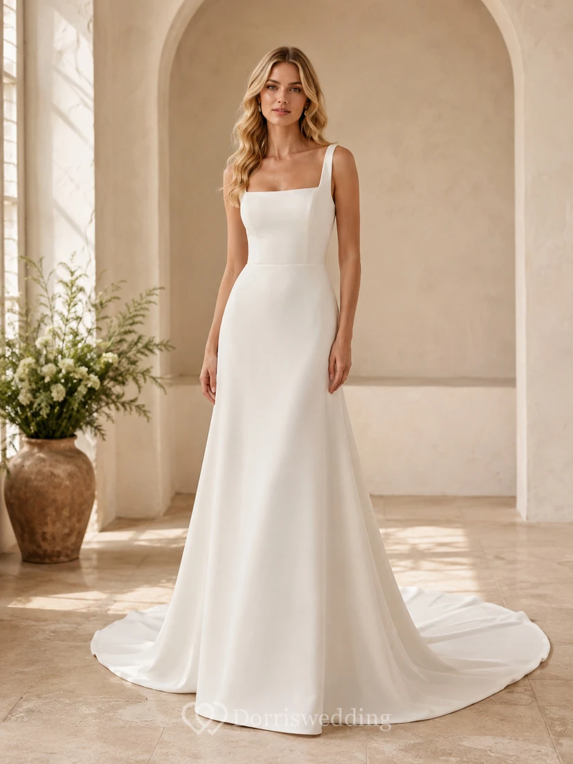 Minimalistisches Brautkleid aus Satin im Meerjungfrauenstil mit eckigem Ausschnitt, ärmellos und mit Schleppe