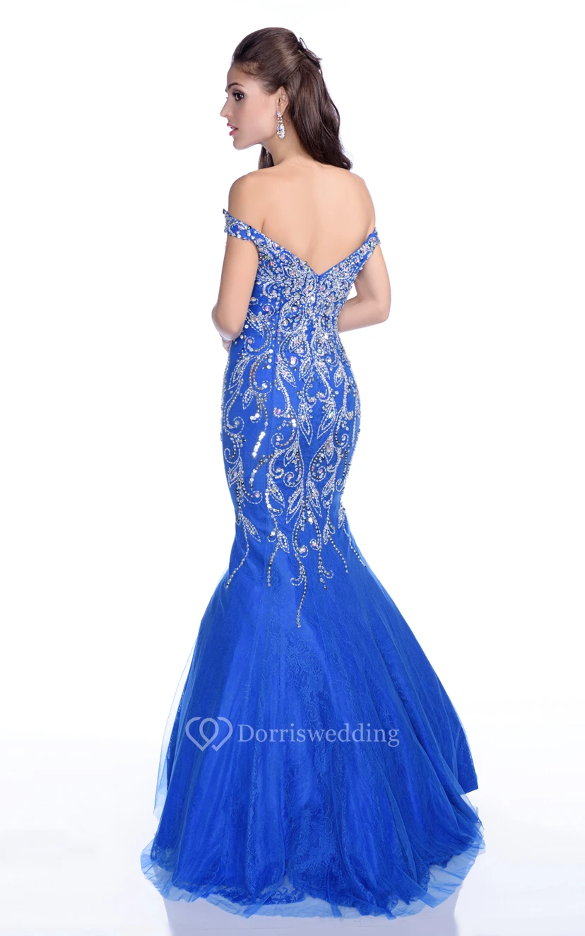Mermaid Tulle Off-The-Shoulder V-Neck Sequined Prom Dress Featuring Low-V Back view 2